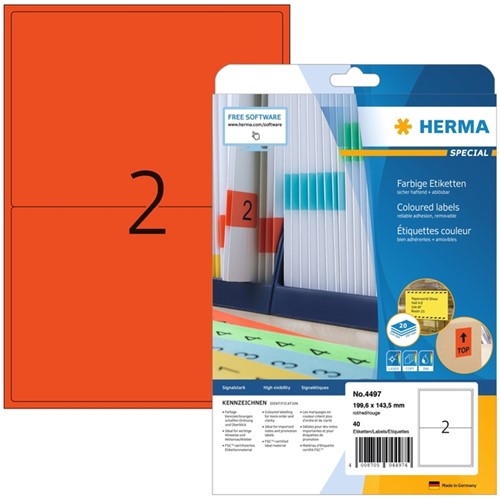 Etiket HERMA 4497 199.6x143.5mm verwijderbaar rood 40 stuks