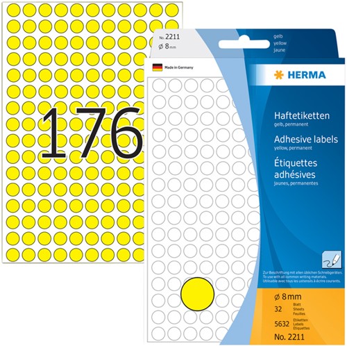 Etiket HERMA 2211 rond 8mm geel 5632stuks 32 Vel