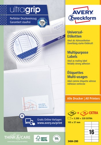 Etiket Avery 3484-200 105x37mm wit 3200 stuks