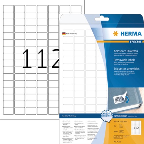 Etiket HERMA 4211 25.4x16.9mm verwijderb wt 2800st 25 Vel