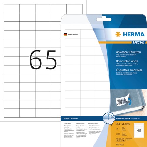 Etiket HERMA 4212 38.1x21.2mm verwijderb wt 1625st 25 Vel