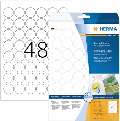 Etiket HERMA 4387 rond 30mm verwijderb wit 1200st 25 Vel
