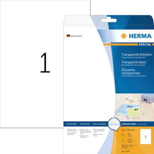 Etiket HERMA 4375 210x297mm A4 transparant 25stuks 25 Vel