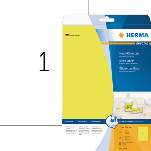 Etiket HERMA 5148 210x297mm A4 fluor geel 20stuks 20 Vel
