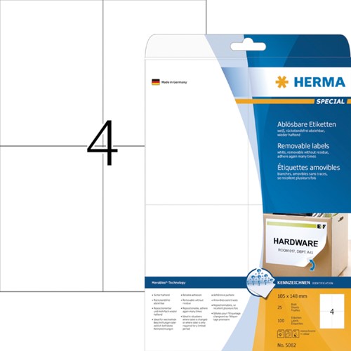 Etiket HERMA 5082 105x148mm verwijderb wit 100st 25 Vel
