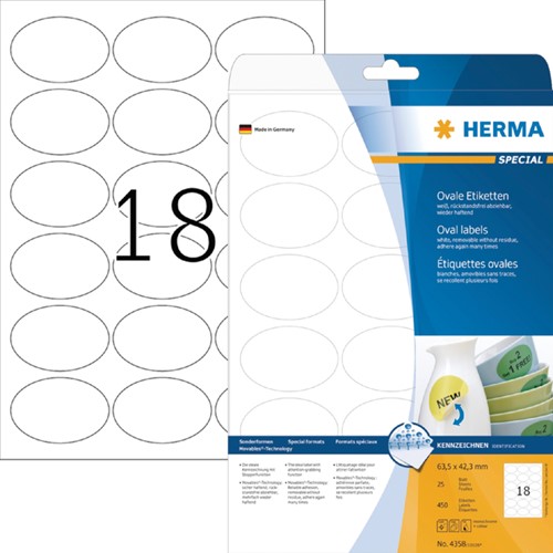Etiket HERMA 4358 63.5x42.3mm verwijderb ovaal 25 Vel